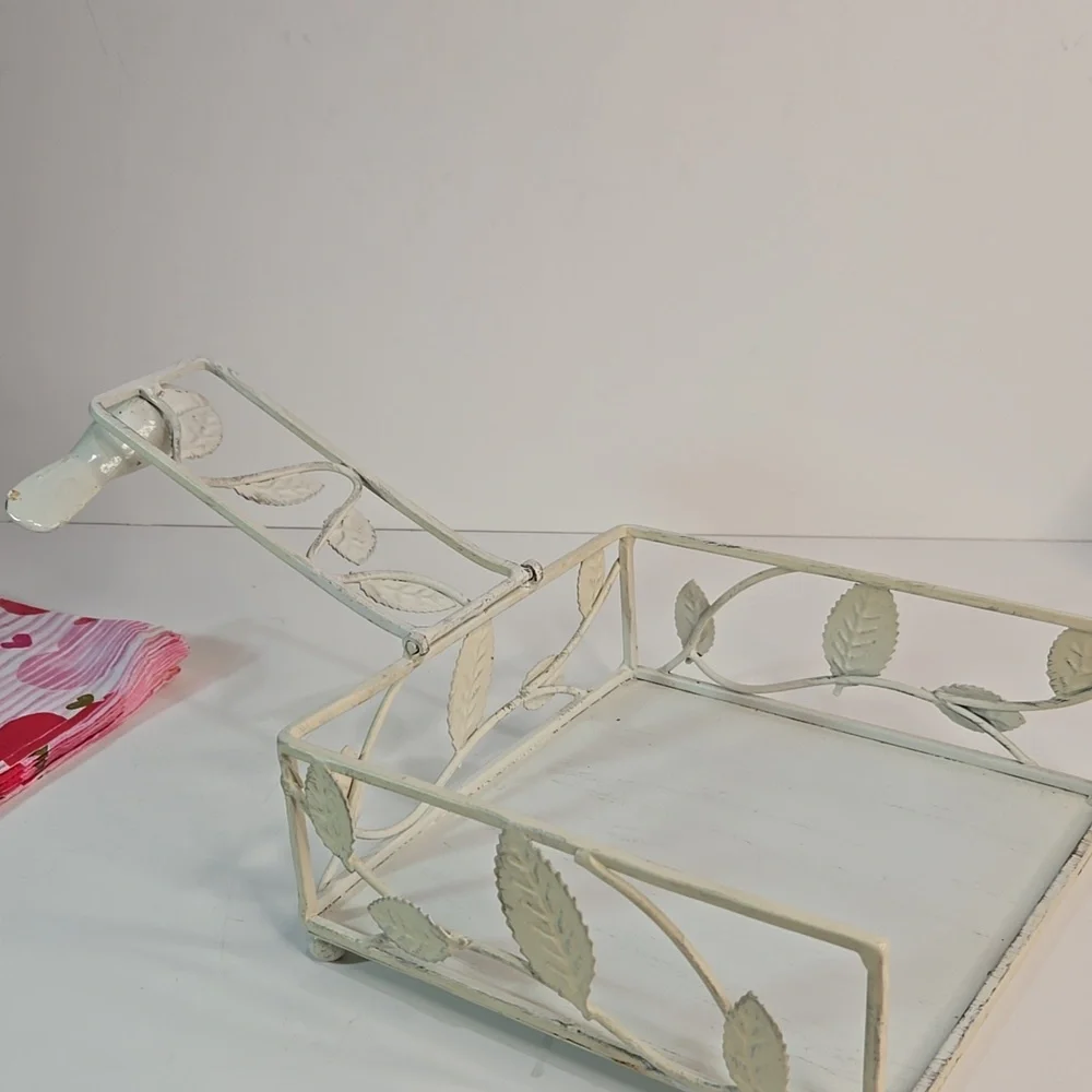Shabby Chic Cottage Cream/Off White Metal Napkin Holder with Bird Vine Design